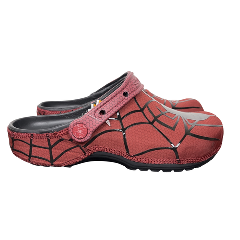 Crocs x Marvel Spider-Man Neo Classic Clog Red Black Multi 211489-90H with black web graphics, silver Spider-Man detailing and pivoting red heel strap.