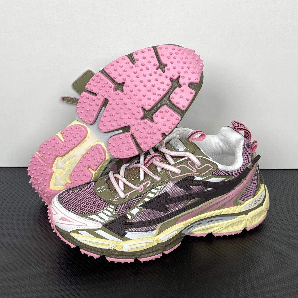 Off-White Be Right Back Pink Green OMIA295S26FAB002633C sneaker with pink mesh, olive-green overlays, oversized black Arrow motifs and ridged rubber sole.