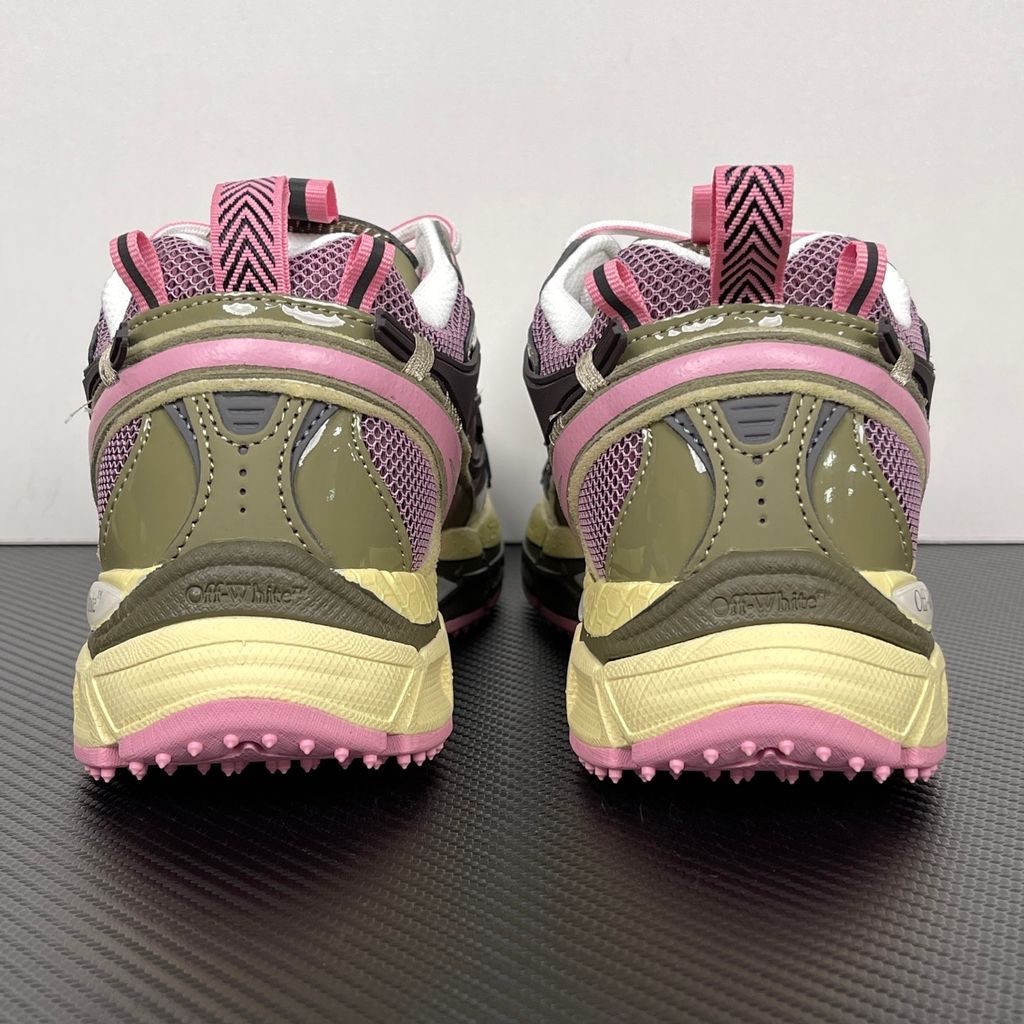 Off-White Be Right Back Pink Green OMIA295S26FAB002633C sneaker with pink mesh, olive-green overlays, oversized black Arrow motifs and ridged rubber sole.