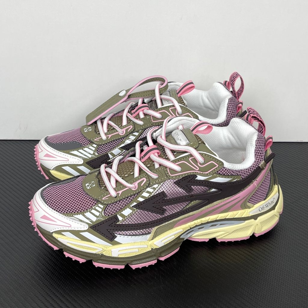 Off-White Be Right Back Pink Green OMIA295S26FAB002633C sneaker with pink mesh, olive-green overlays, oversized black Arrow motifs and ridged rubber sole.