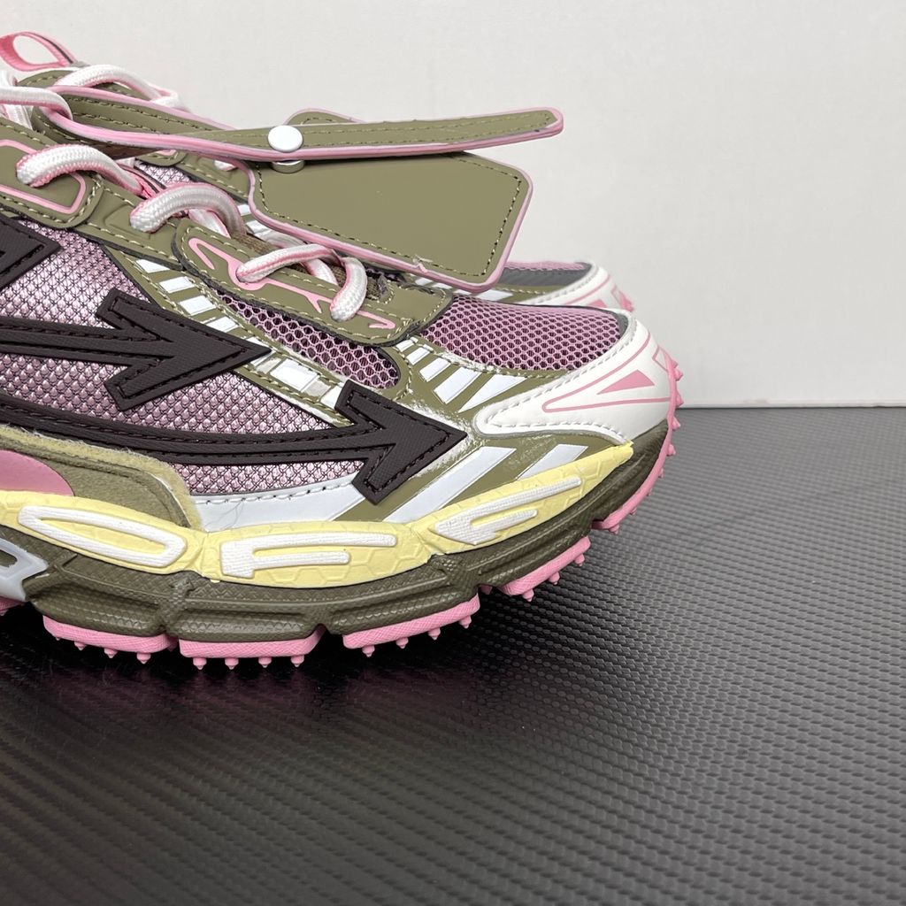 Off-White Be Right Back Pink Green OMIA295S26FAB002633C sneaker with pink mesh, olive-green overlays, oversized black Arrow motifs and ridged rubber sole.