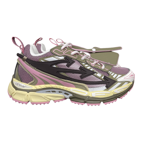 Off-White Be Right Back Pink Green OMIA295S26FAB002633C sneaker with pink mesh, olive-green overlays, oversized black Arrow motifs and ridged rubber sole.