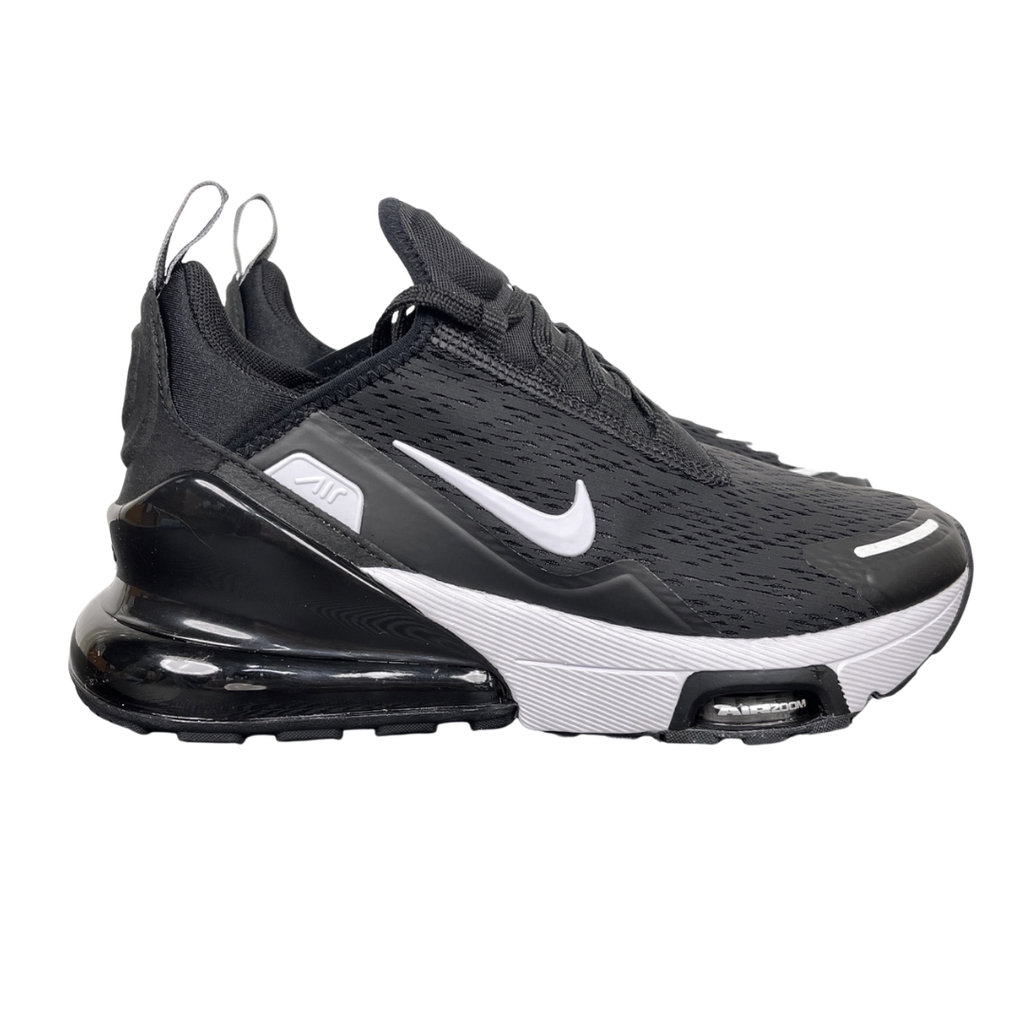 Nike Air Max 270 Premium Black Metallic Silver IO9883-002 sneaker with black mesh upper, white Swoosh, visible Max Air 270 heel unit and forefoot Zoom Air window.