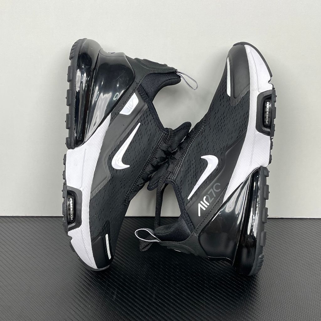 Nike Air Max 270 Premium Black Metallic Silver IO9883-002 sneaker with black mesh upper, white Swoosh, visible Max Air 270 heel unit and forefoot Zoom Air window.