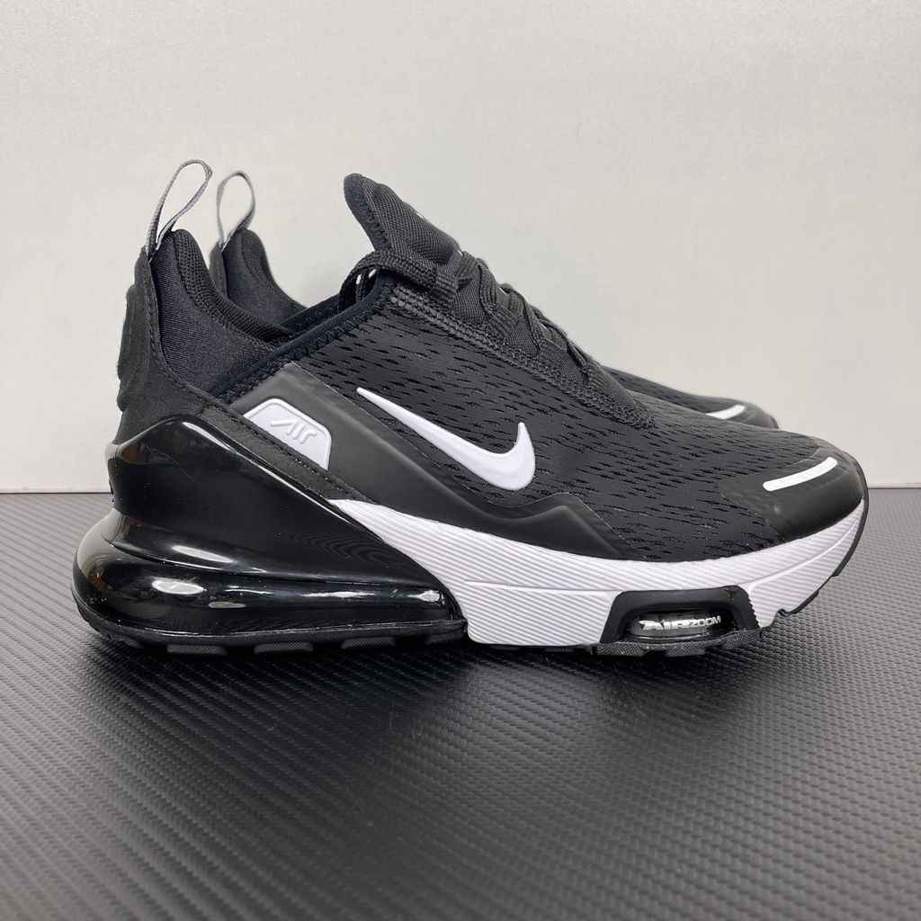 Nike Air Max 270 Premium Black Metallic Silver IO9883-002 sneaker with black mesh upper, white Swoosh, visible Max Air 270 heel unit and forefoot Zoom Air window.
