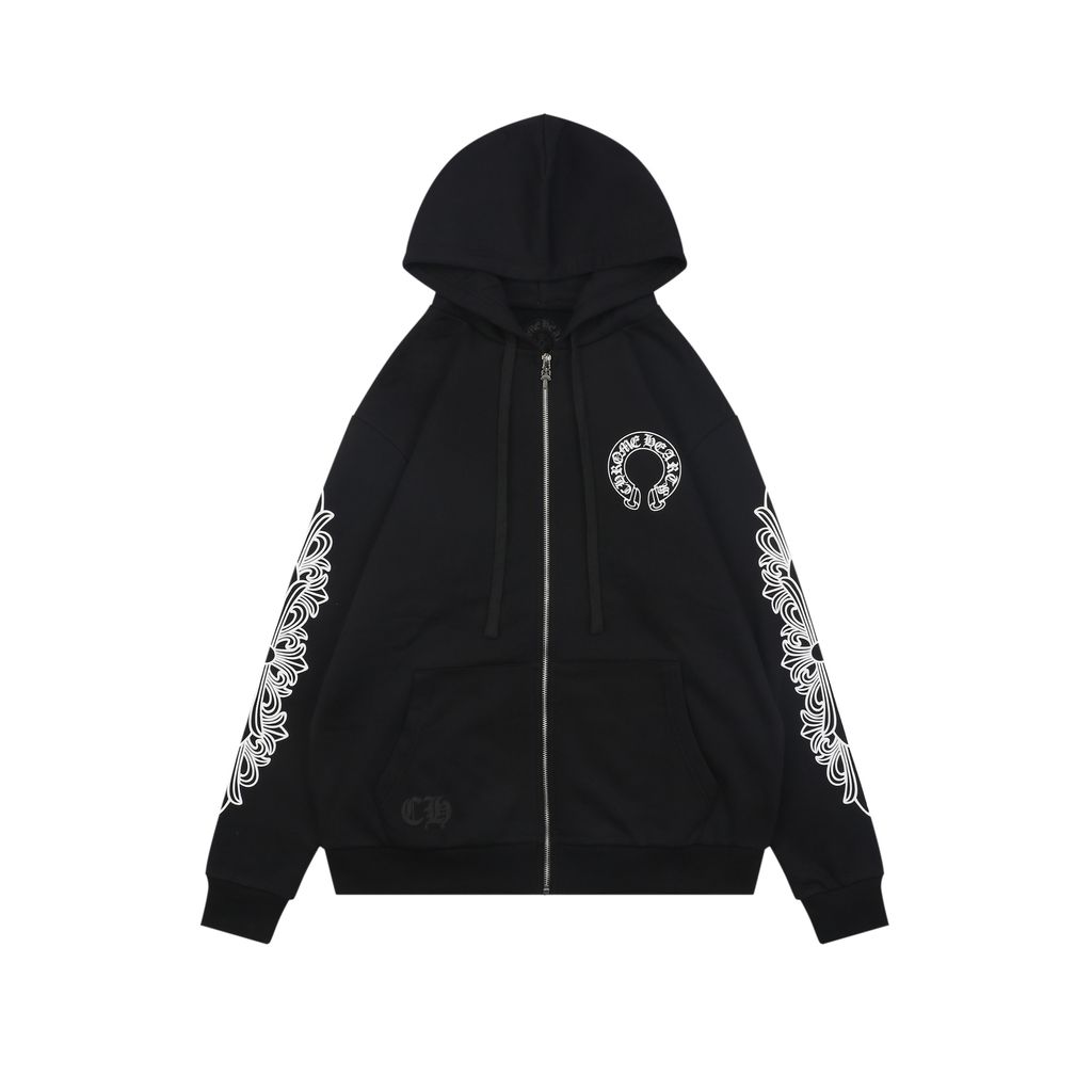 Chrome Hearts Black White Cross Sleeve Sanskrit Scroll Hoodie