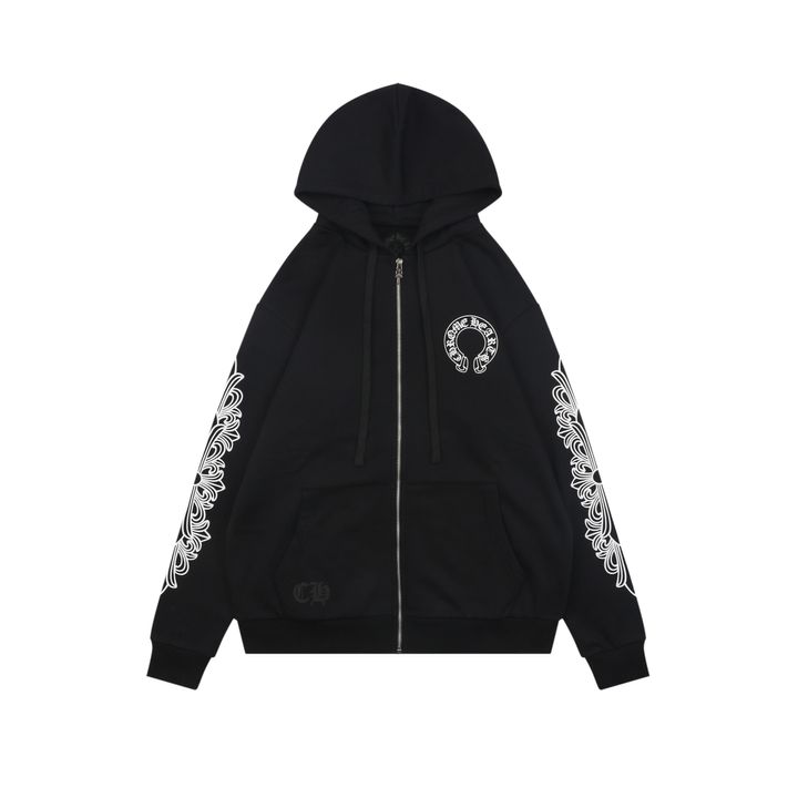 Chrome Hearts Black White Cross Sleeve Sanskrit Scroll Hoodie
