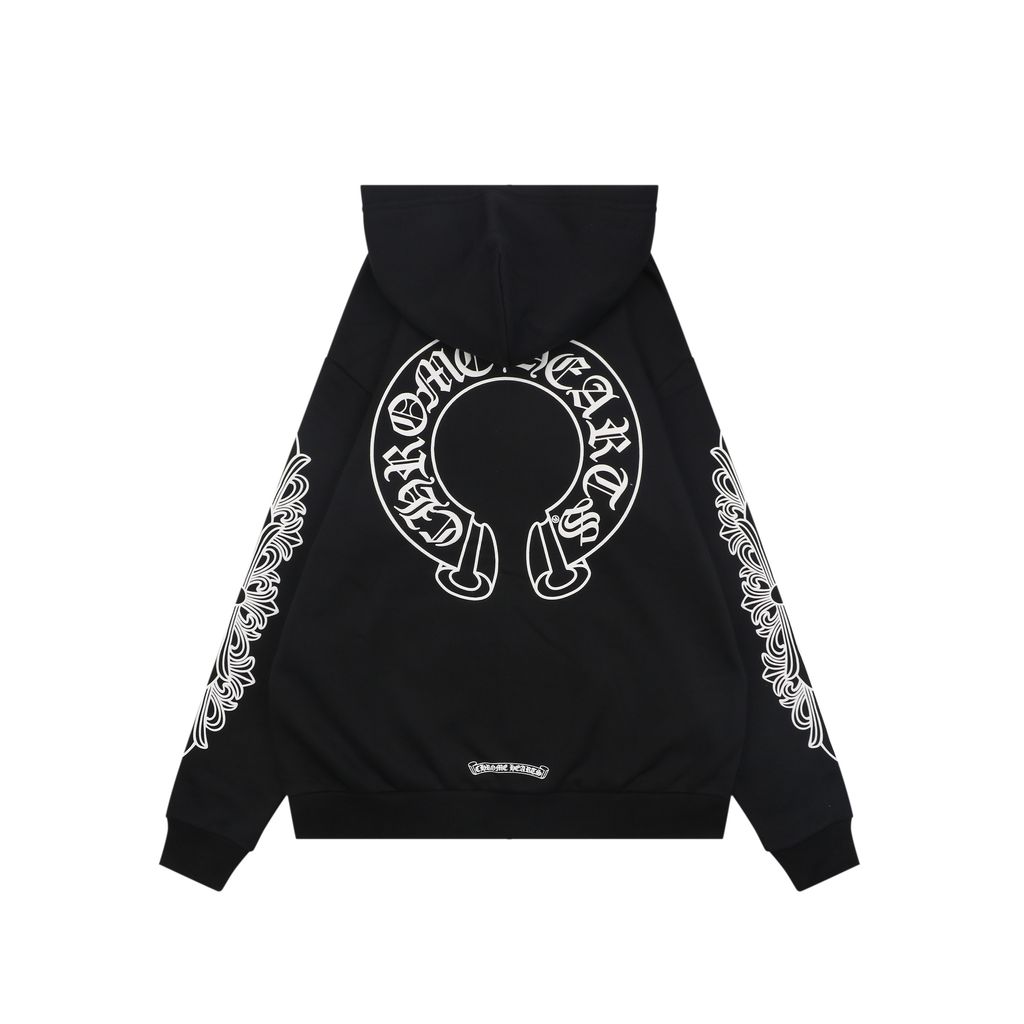 Chrome Hearts Black White Cross Sleeve Sanskrit Scroll Hoodie