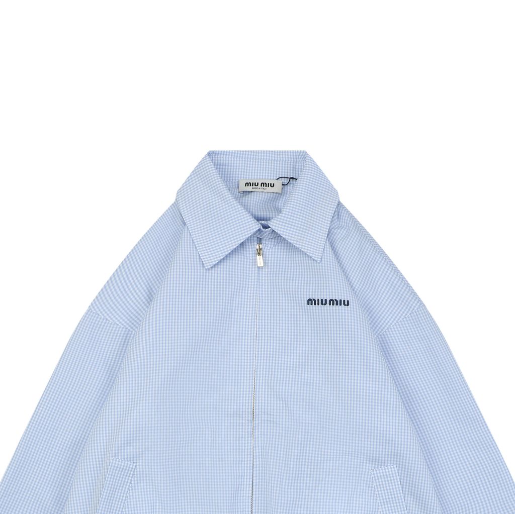 Miu Miu Pattern-Matched Cotton Check Logo Jacket