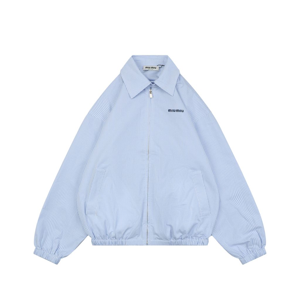 Miu Miu Light Blue Gingham Check Blouson Jacket