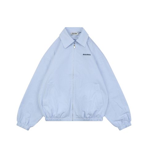Miu Miu Light Blue Gingham Check Blouson Jacket