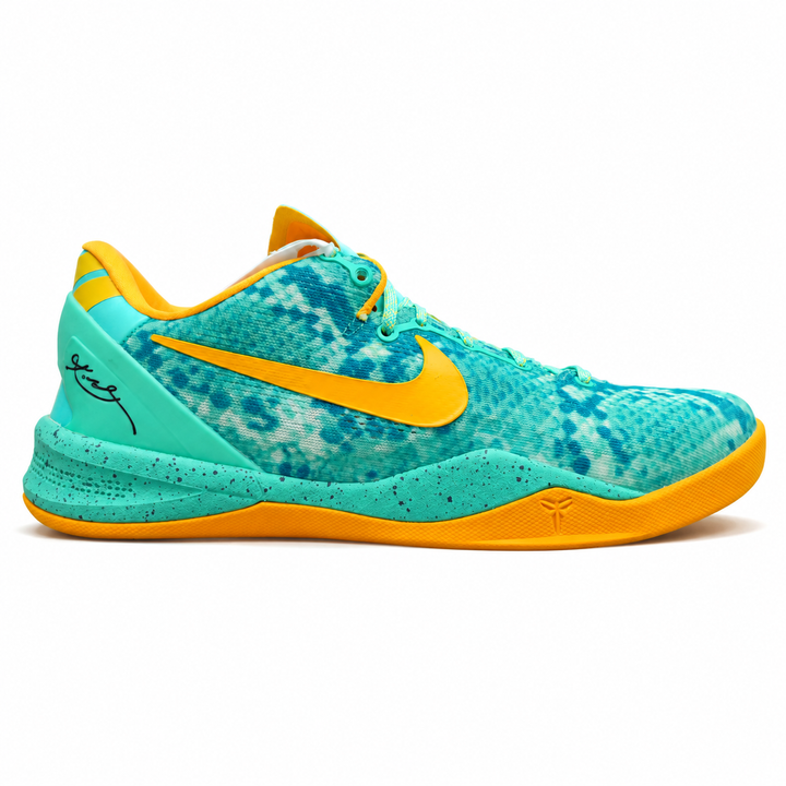 Side profile of the Nike Kobe 8 System 'Green Glow' basketball sneaker featuring a highly textured green reptile-scaled Engineered Mesh upper, a striking Laser Orange Nike Swoosh, Mineral Teal accents, and a low-profile cushioned midsole.