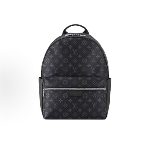 Front view of the authentic Louis Vuitton Discovery Backpack PM (image_b57668.jpg) featuring the iconic Monogram Eclipse grey and black coated canvas, a front zippered compartment, sleek black leather trim, and polished silver-tone hardware.