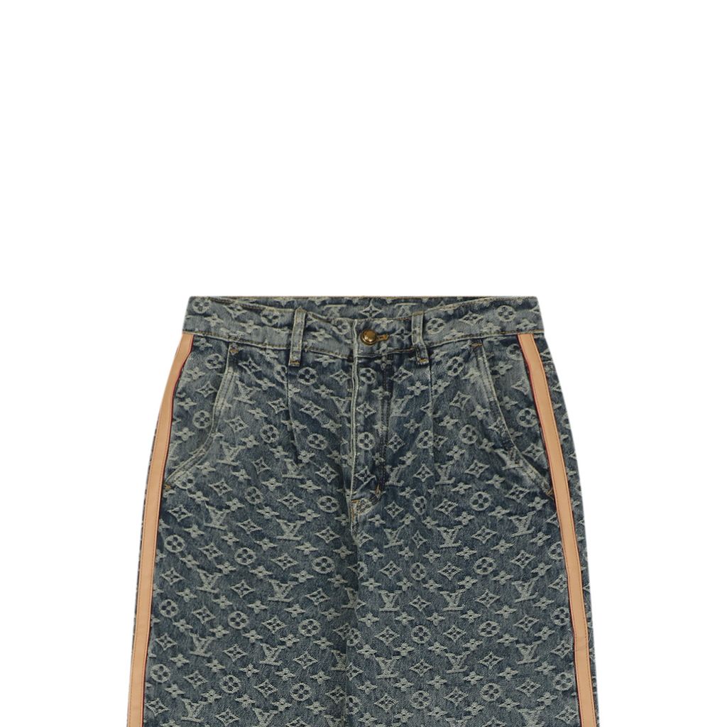 Louis Vuitton Indigo Jacquard Leather Trim Denim Pants