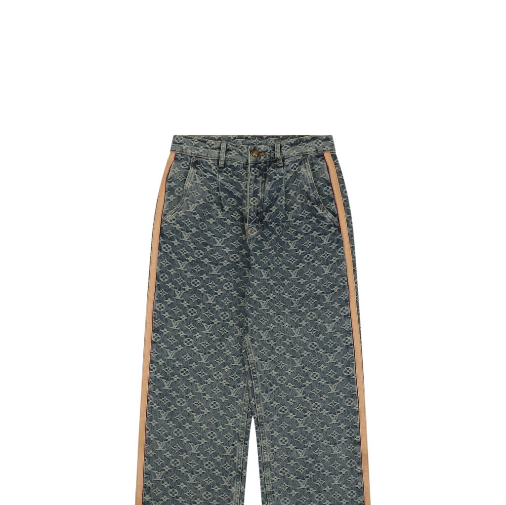 Louis Vuitton Indigo Jacquard Leather Trim Denim Pants