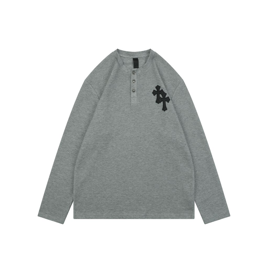Chrome Hearts Grey Cross Leather Patch Waffle Henley Long Sleeve