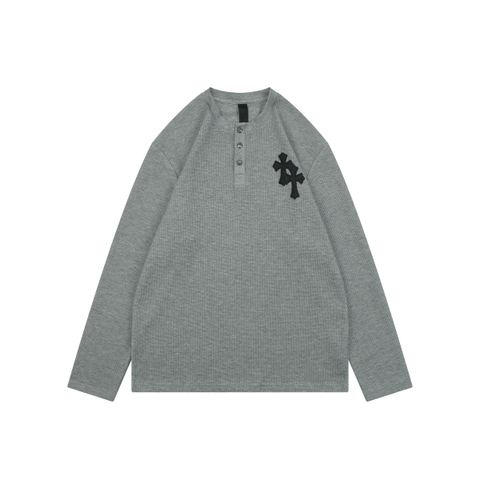 Chrome Hearts Grey Cross Leather Patch Waffle Henley Long Sleeve