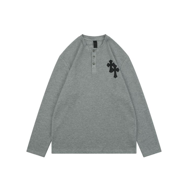 Chrome Hearts Grey Cross Leather Patch Waffle Henley Long Sleeve
