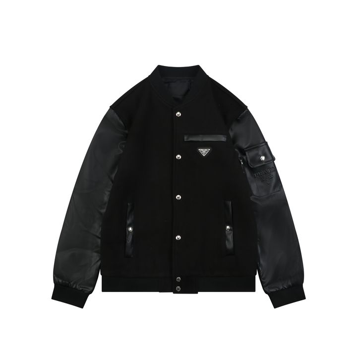 Prada Triangle Logo Leather-Panel Varsity Jacket