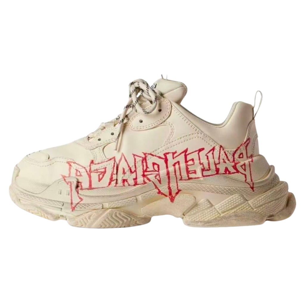 Balenciaga Triple S Graffiti Off-White 536737W2FAY9016 luxury chunky sneaker with red graffiti logo, side profile view.
