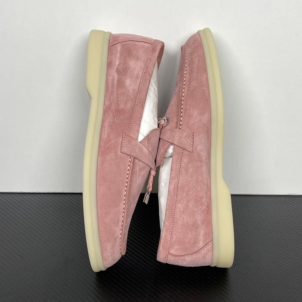 Loro Piana Summer Charms Walk ladies loafer in Flowering Cherry pink silky suede with metal charms, side profile view