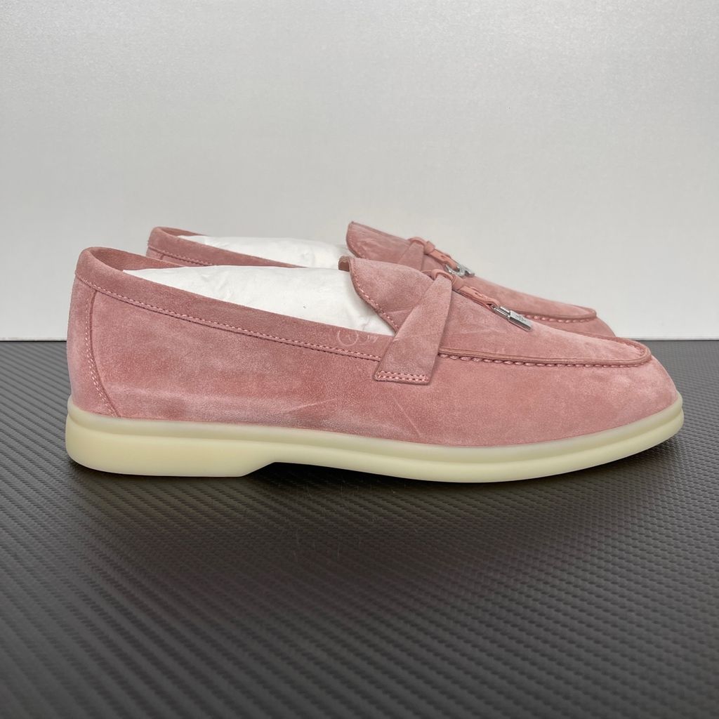 Loro Piana Summer Charms Walk ladies loafer in Flowering Cherry pink silky suede with metal charms, side profile view