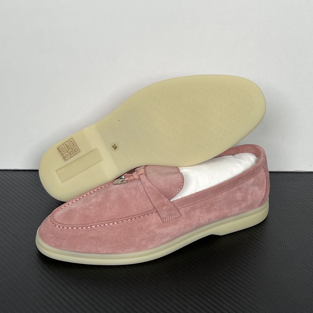 Loro Piana Summer Charms Walk ladies loafer in Flowering Cherry pink silky suede with metal charms, side profile view