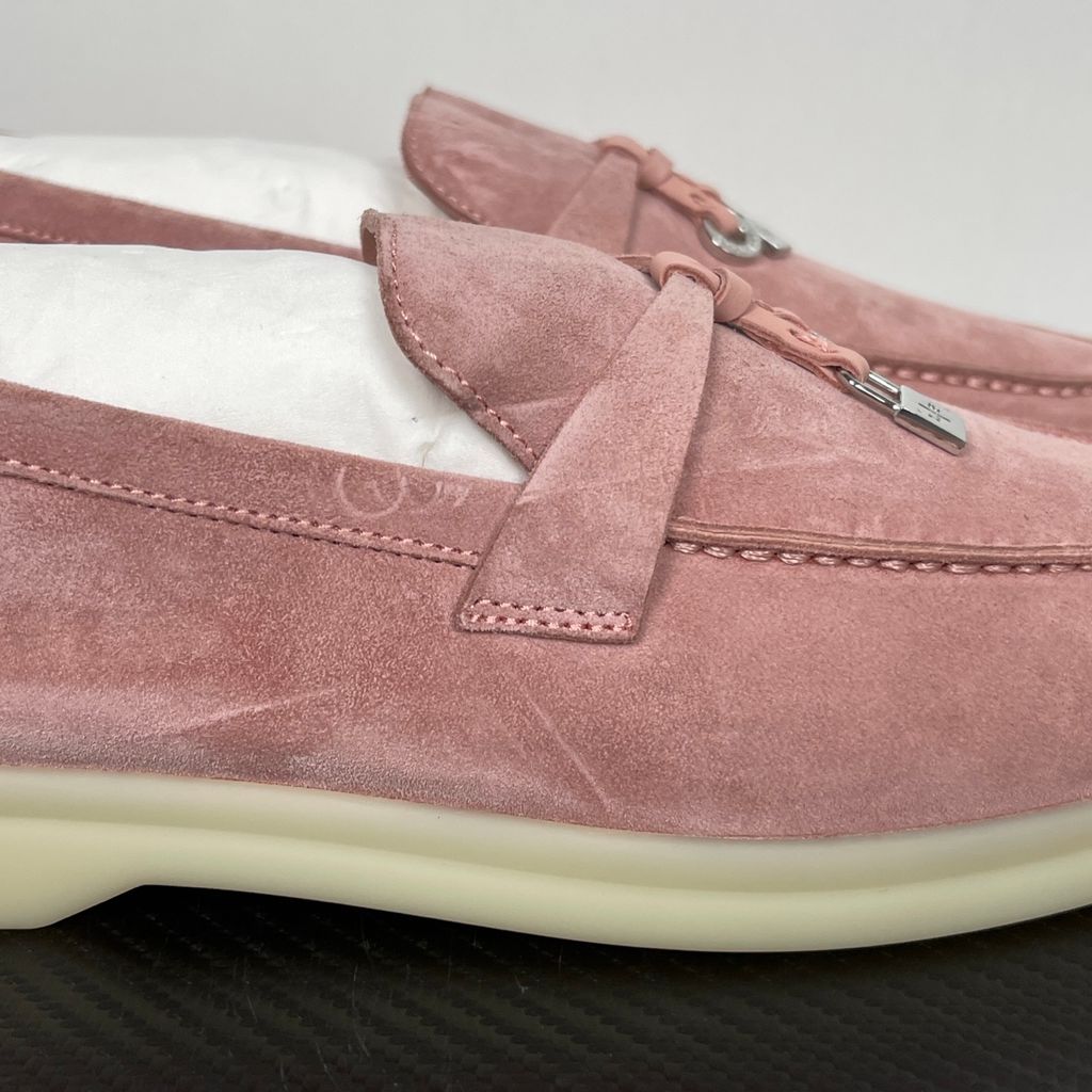 Loro Piana Summer Charms Walk ladies loafer in Flowering Cherry pink silky suede with metal charms, side profile view