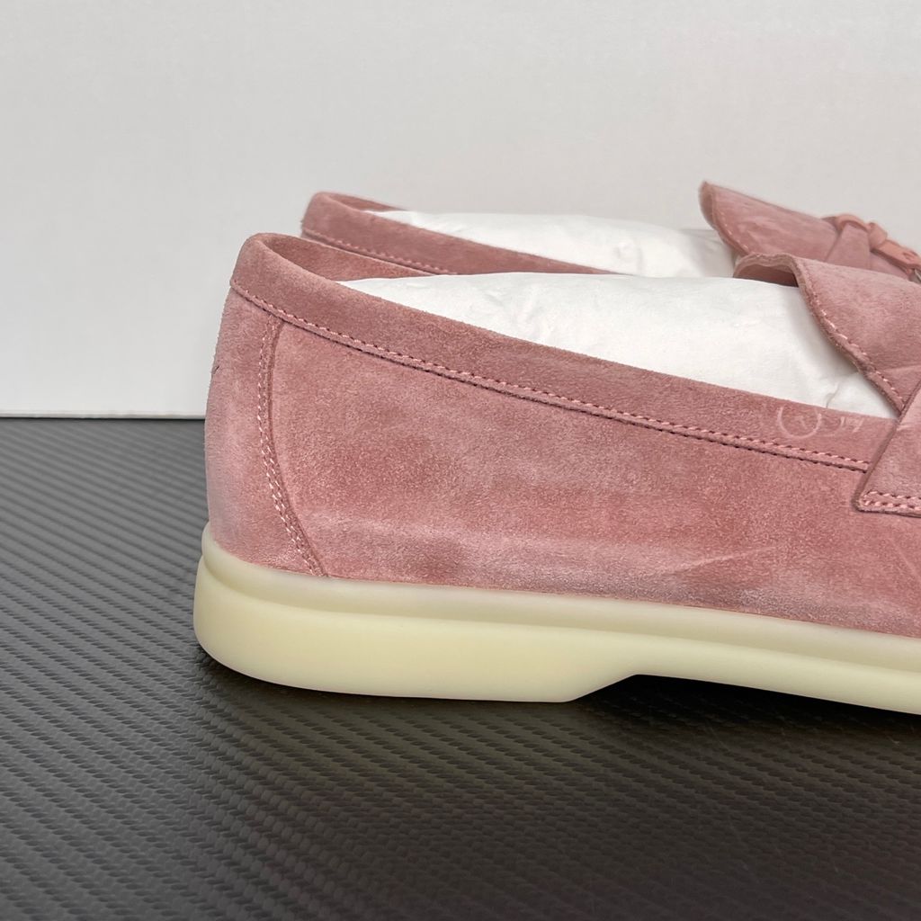 Loro Piana Summer Charms Walk ladies loafer in Flowering Cherry pink silky suede with metal charms, side profile view