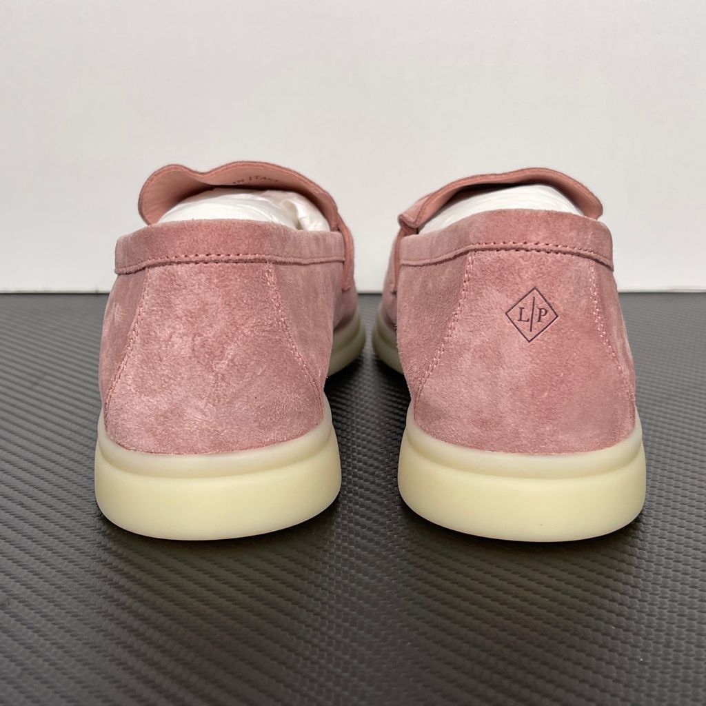 Loro Piana Summer Charms Walk ladies loafer in Flowering Cherry pink silky suede with metal charms, side profile view