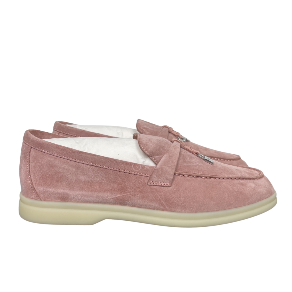 Loro Piana Summer Charms Walk ladies loafer in Flowering Cherry pink silky suede with metal charms, side profile view