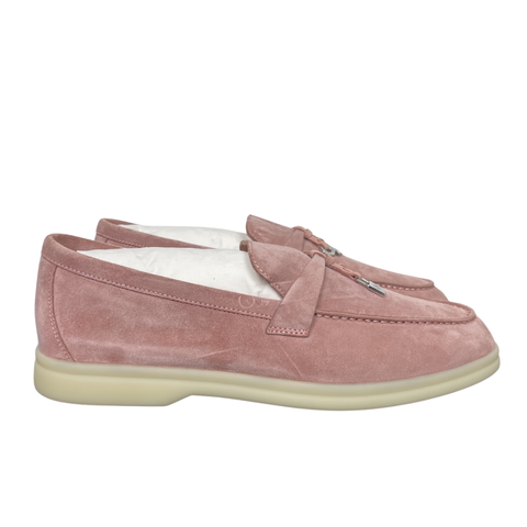 Loro Piana Summer Charms Walk ladies loafer in Flowering Cherry pink silky suede with metal charms, side profile view