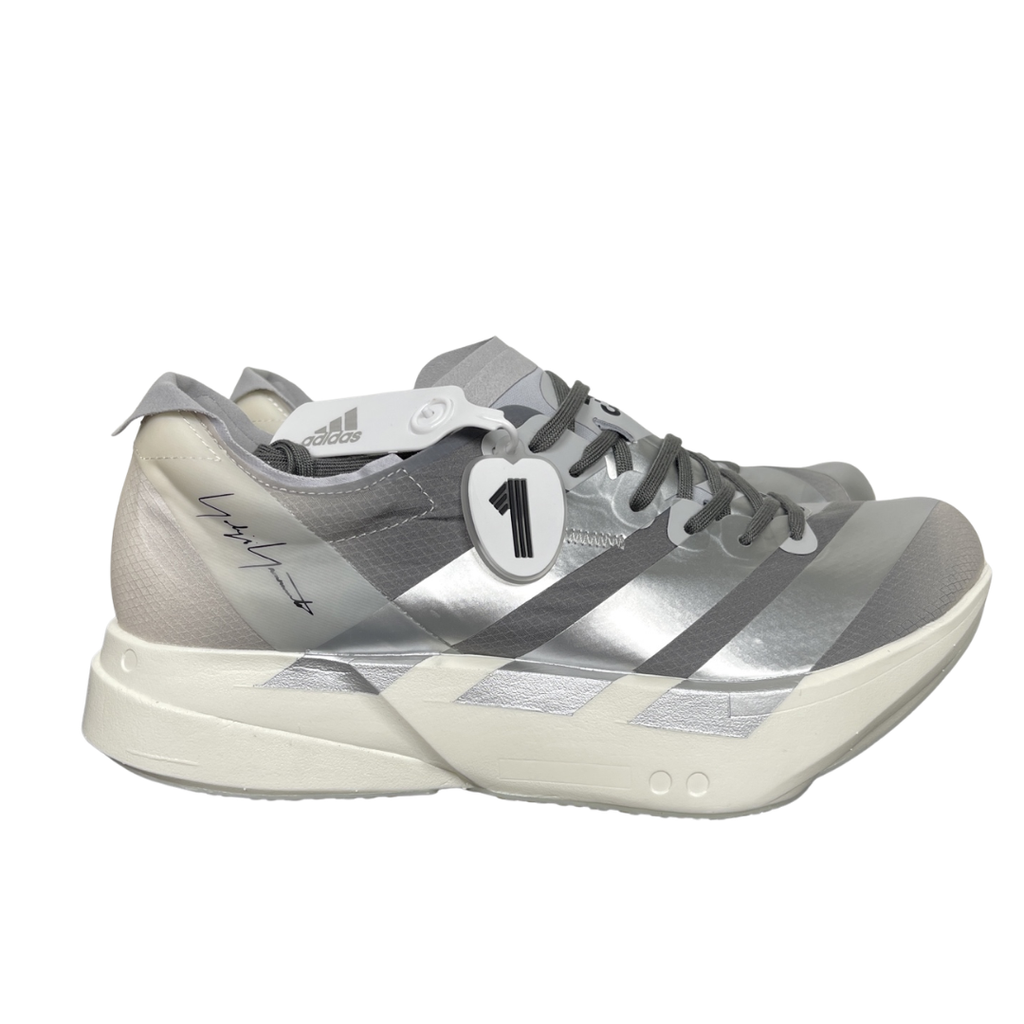 adidas Y-3 Adios Pro 4 Chalk White Silver Metallic Grey KZ9045 high-performance designer running shoe side profile view