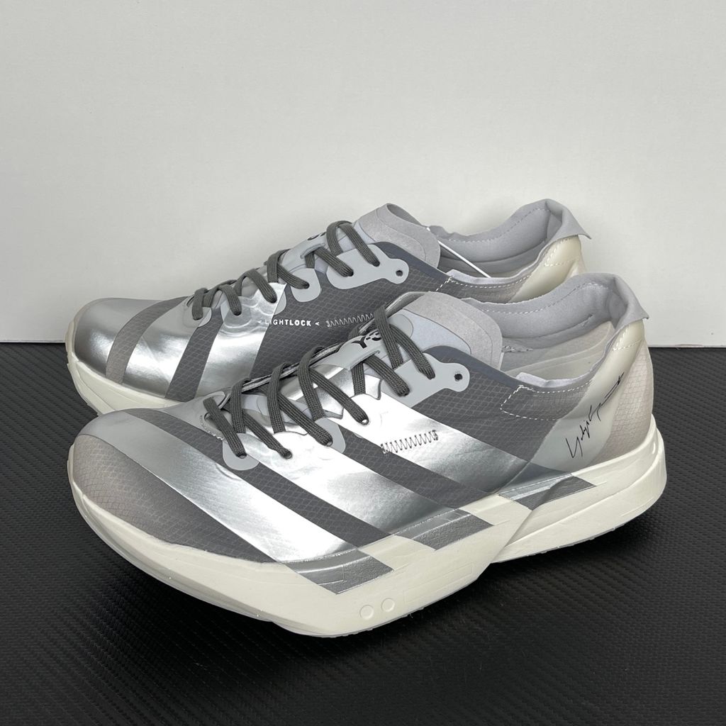 adidas Y-3 Adios Pro 4 Chalk White Silver Metallic Grey KZ9045 high-performance designer running shoe side profile view