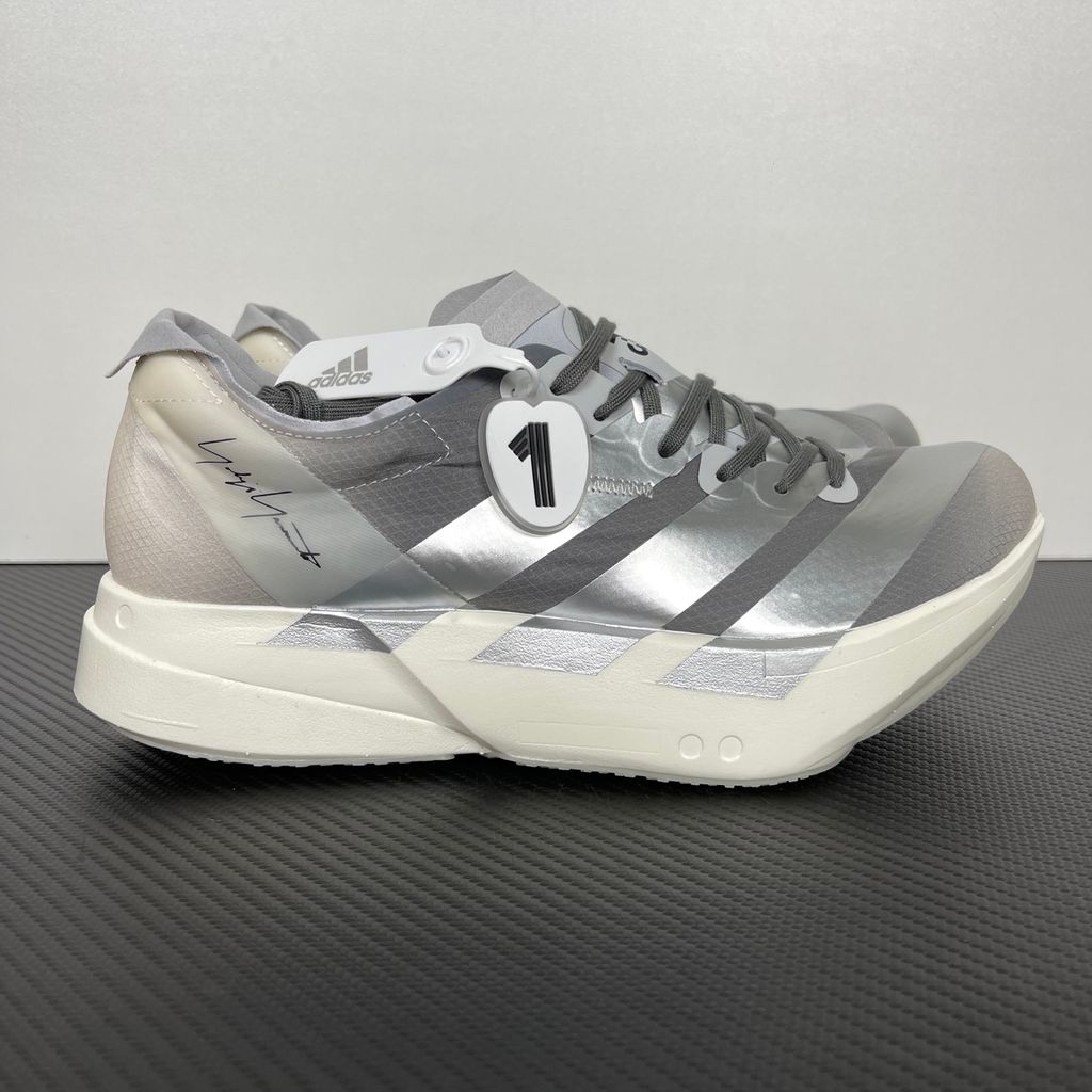 adidas Y-3 Adios Pro 4 Chalk White Silver Metallic Grey KZ9045 high-performance designer running shoe side profile view