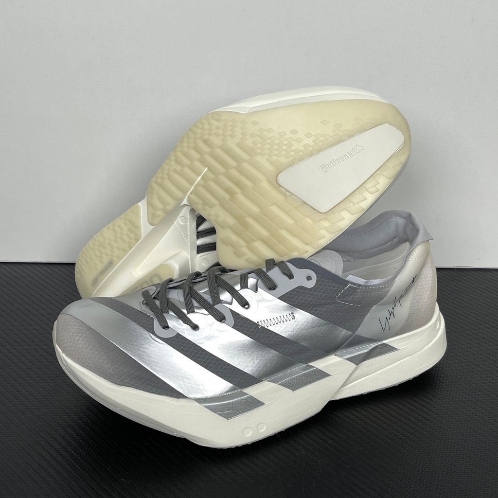 adidas Y-3 Adios Pro 4 Chalk White Silver Metallic Grey KZ9045 high-performance designer running shoe side profile view