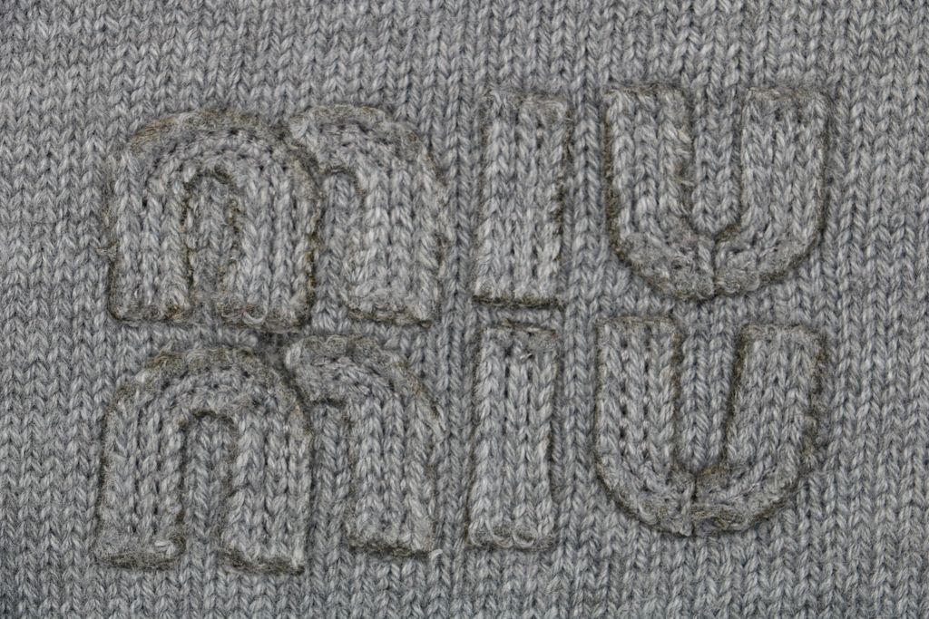 Miu Miu Low-Saturation Grey Logo Patch Knit Cardigan