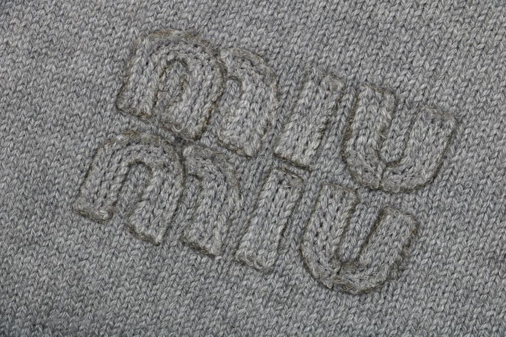 Miu Miu Low-Saturation Grey Logo Patch Knit Cardigan