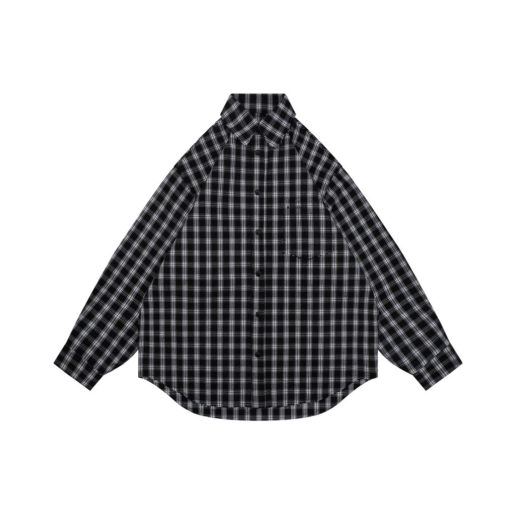 Balenciaga Black White Check Distressed Frayed Hem Shirt