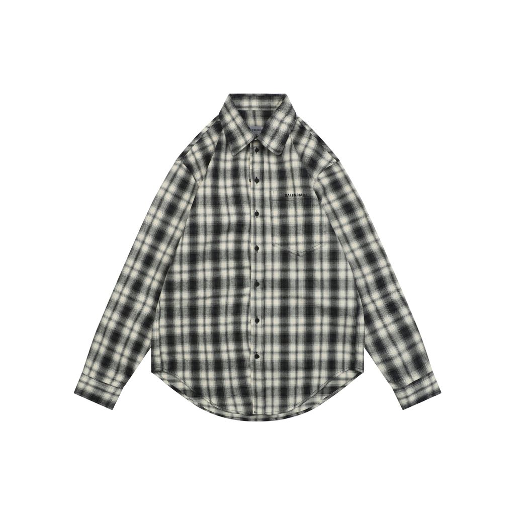 Balenciaga Paris Logo Pocket Black White Check Long Sleeve Shirt