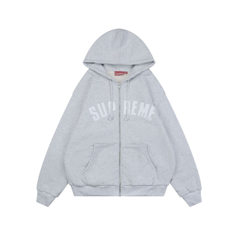 Supreme 2025 Grey White Appliqué Letter Heavyweight Zip Hoodie