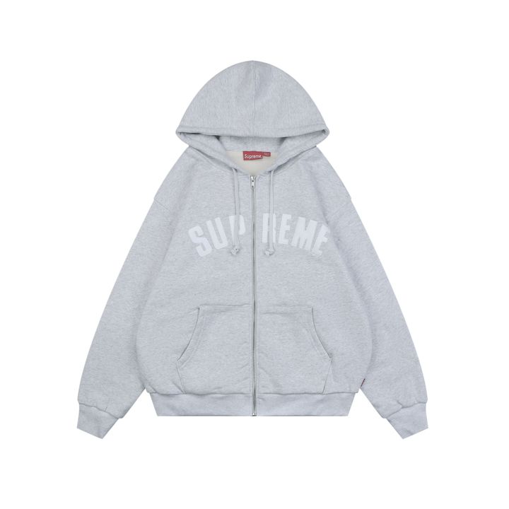 Supreme 2025 Grey White Appliqué Letter Heavyweight Zip Hoodie