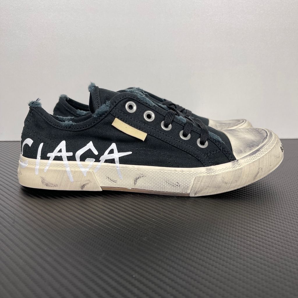 Balenciaga Paris Mid 688754 W3RR5 1099 Black White distressed canvas sneakers side view