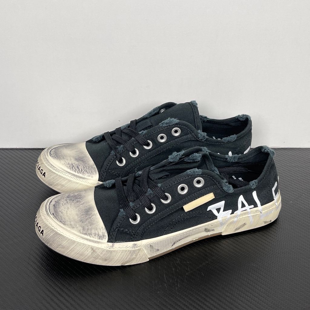 Balenciaga Paris Mid 688754 W3RR5 1099 Black White distressed canvas sneakers side view