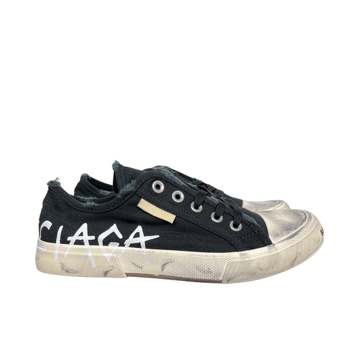 Balenciaga Paris Mid 688754 W3RR5 1099 Black White distressed canvas sneakers side view