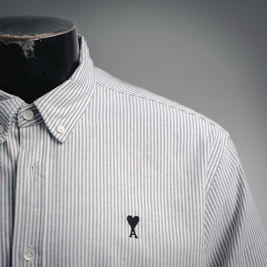 AMI Paris Sand-Washed Striped Logo Long Sleeve Shirt