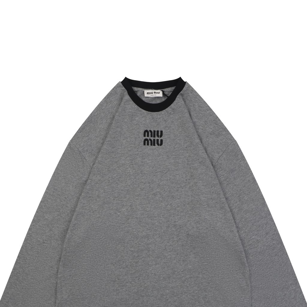 Miu Miu Black Grey Appliqué Logo Long Sleeve Top