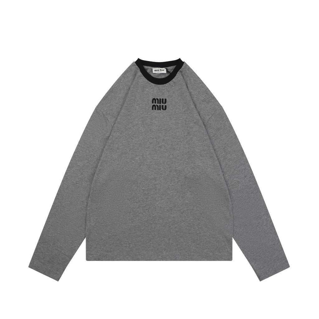 Miu Miu 26FW Black Grey Contrast Collar Logo Long Sleeve T-Shirt