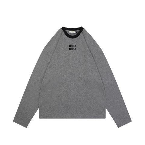 Miu Miu 26FW Black Grey Contrast Collar Logo Long Sleeve T-Shirt