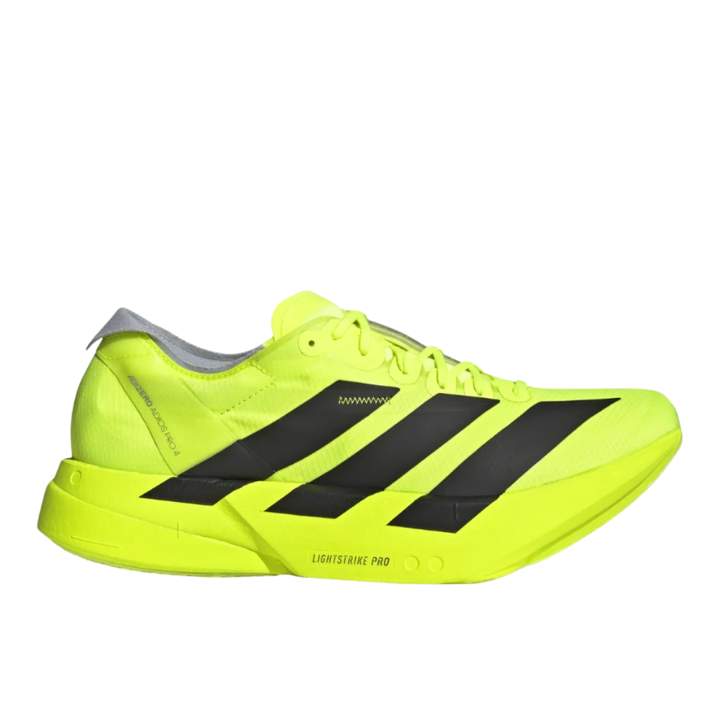 Shop adidas Adizero Adios Pro 4 JR6364 in Lucid Lemon, Core Black and Halo Silver with LIGHTSTRIKE PRO, ENERGYRODS 2.0 and Continental race traction.